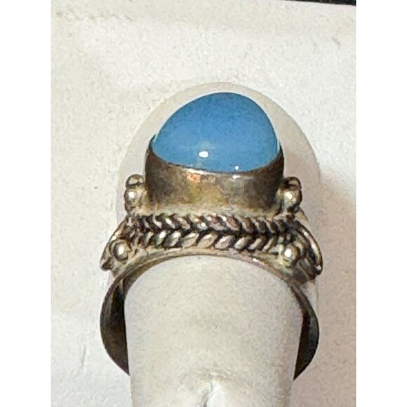 Vintage Sterling Silver & Aqua Chalcedony Ring With Braided Detail Size 9 - Picture 5 of 8